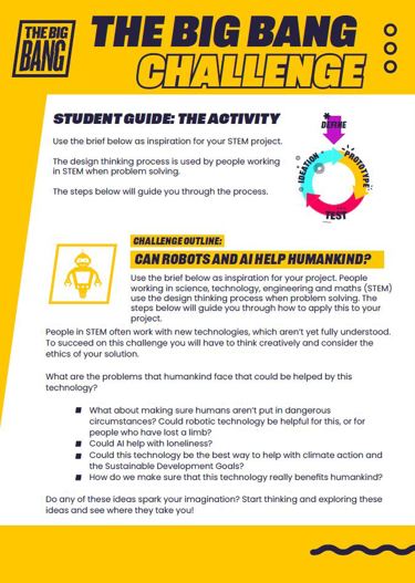Graphic image of The Big Bang Challenge resource. Text reads 'Big Bang Challenge. Student Guide: The activity.'