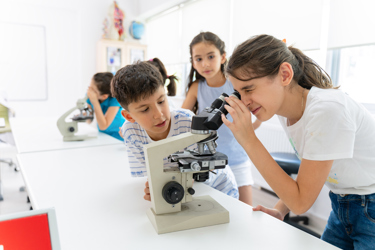 A group of primary school aged children gather round a bench in a school setting to look at a microscope. One pupil is looking down the lens.