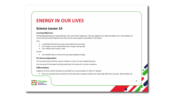 Climate Schools Programme science 1A: energy in our lives