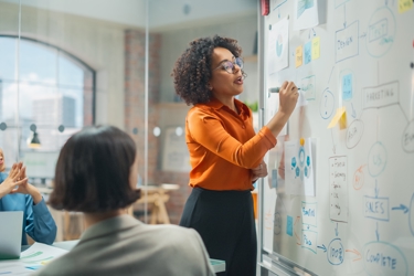 Three people at work in a meeting. One is standing and writing at a whiteboard while the other two look on. 