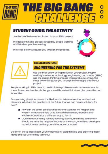 Graphic image of The Big Bang Challenge resource. Text reads 'Big Bang Challenge. Student Guide: The activity.'