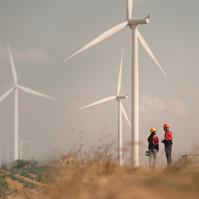 Two people in hard hats and protective clothing stand in a field of wind turbines.